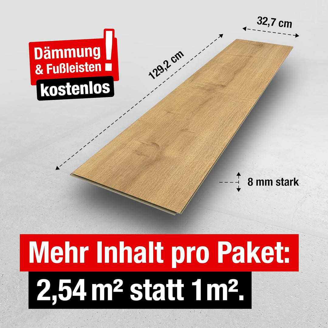 Premium Klick-Laminat-Boden, 2,54 m², inkl. kostenlose Trittschalldämmung &amp; Fussleisten, Stärke 8 mm