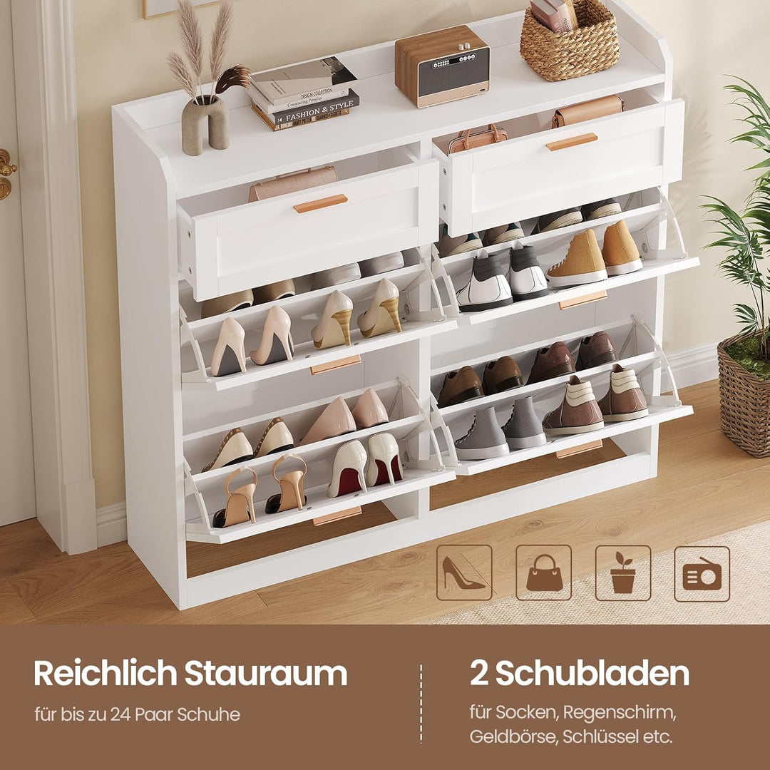 Schuhschrank mit 4 Klappen, Schuhkipper Schmal, Schuhschrank mit 2 Schubladen, Trennwand Verstellbar