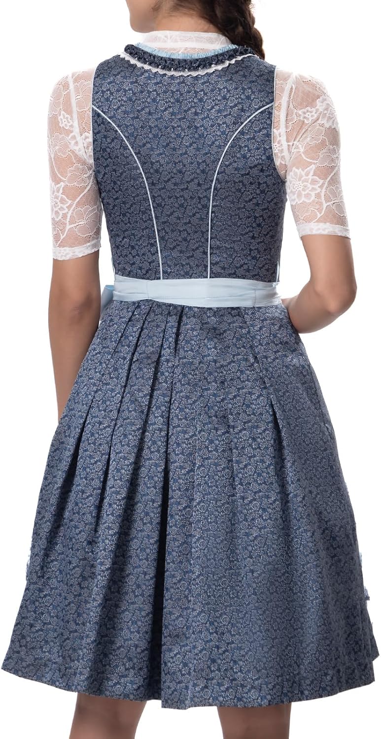 Dirndlparty Dirndl Blau, Damen Midi Mittellang Dirndl 60cm mit Rosenmuster und Pailletten Spitzensch