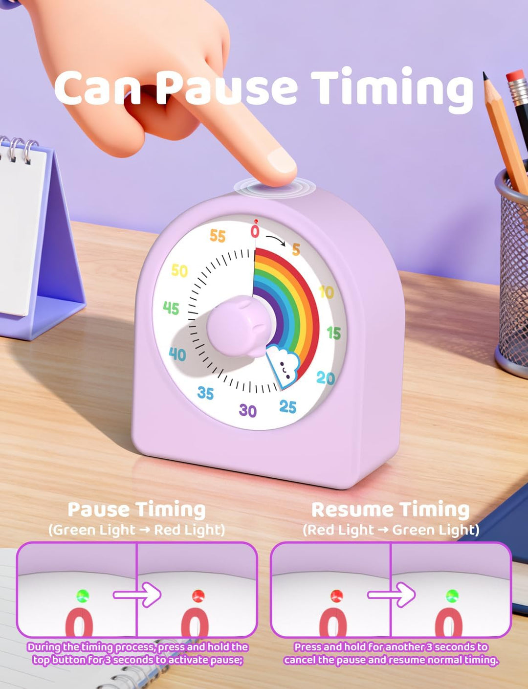 LIORQUE Visueller Timer 60 Minuten Countdown Timer mit Pausenfunktion Lila, Lila
