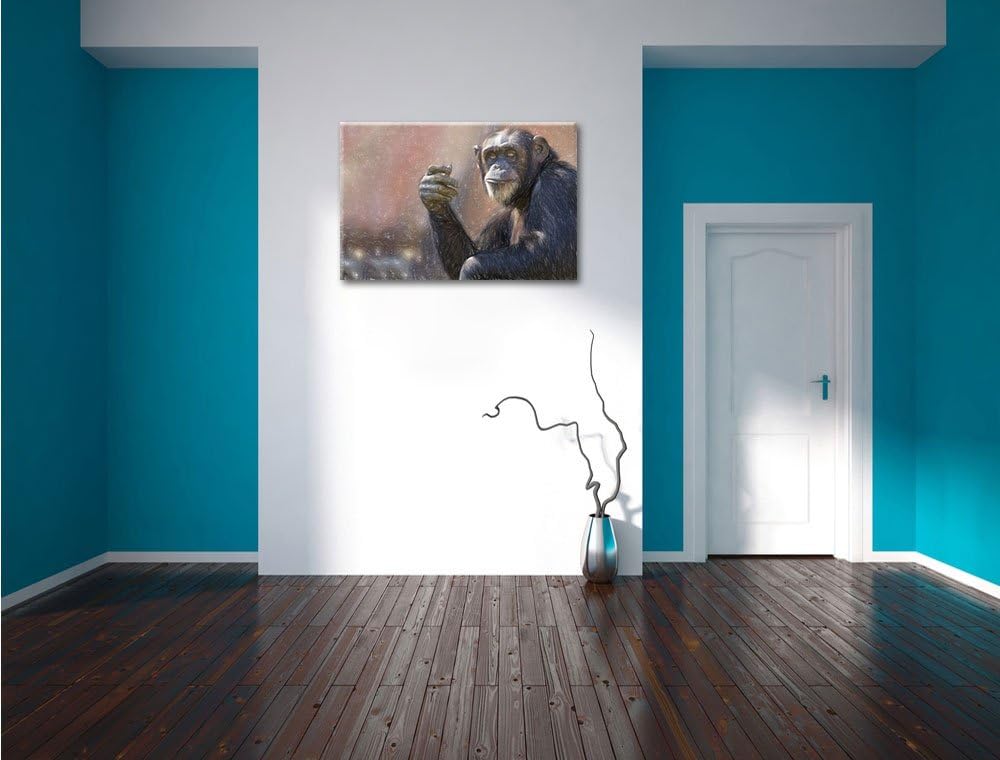 Pixxprint Aufmerksamer Schimpanse / 100x70cm Leinwandbild bespannt auf Holzrahmen/Wandbild Kunstdruc