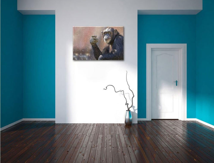 Pixxprint Aufmerksamer Schimpanse / 100x70cm Leinwandbild bespannt auf Holzrahmen/Wandbild Kunstdruc