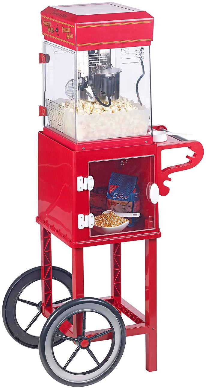 Rosenstein & Söhne Profi Popcornmaschine: Profi-Popcorn-Maschine"Cinema" mit Rollwagen im Retro-Desi