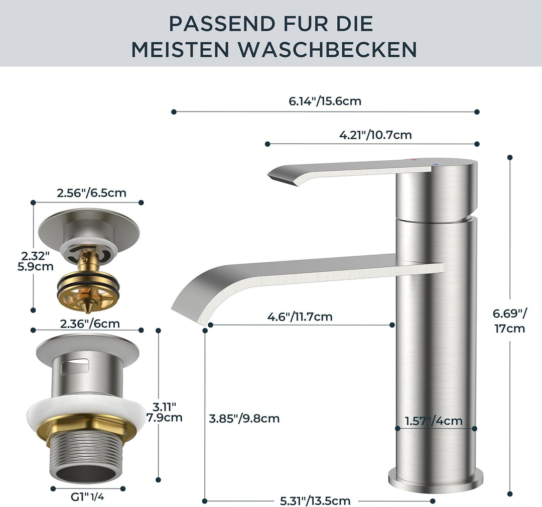 FORIOUS Wasserhahn Bad mit Ablaufgarnitur, Waschtischarmatur Einhandmischer – Hochwertige Waschbecke