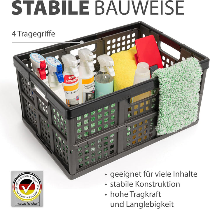 Hausfelder Klappbox 45L 3er Set – faltbare Klappkiste aus Kunststoff, stabiler Klappkorb für Einkäuf