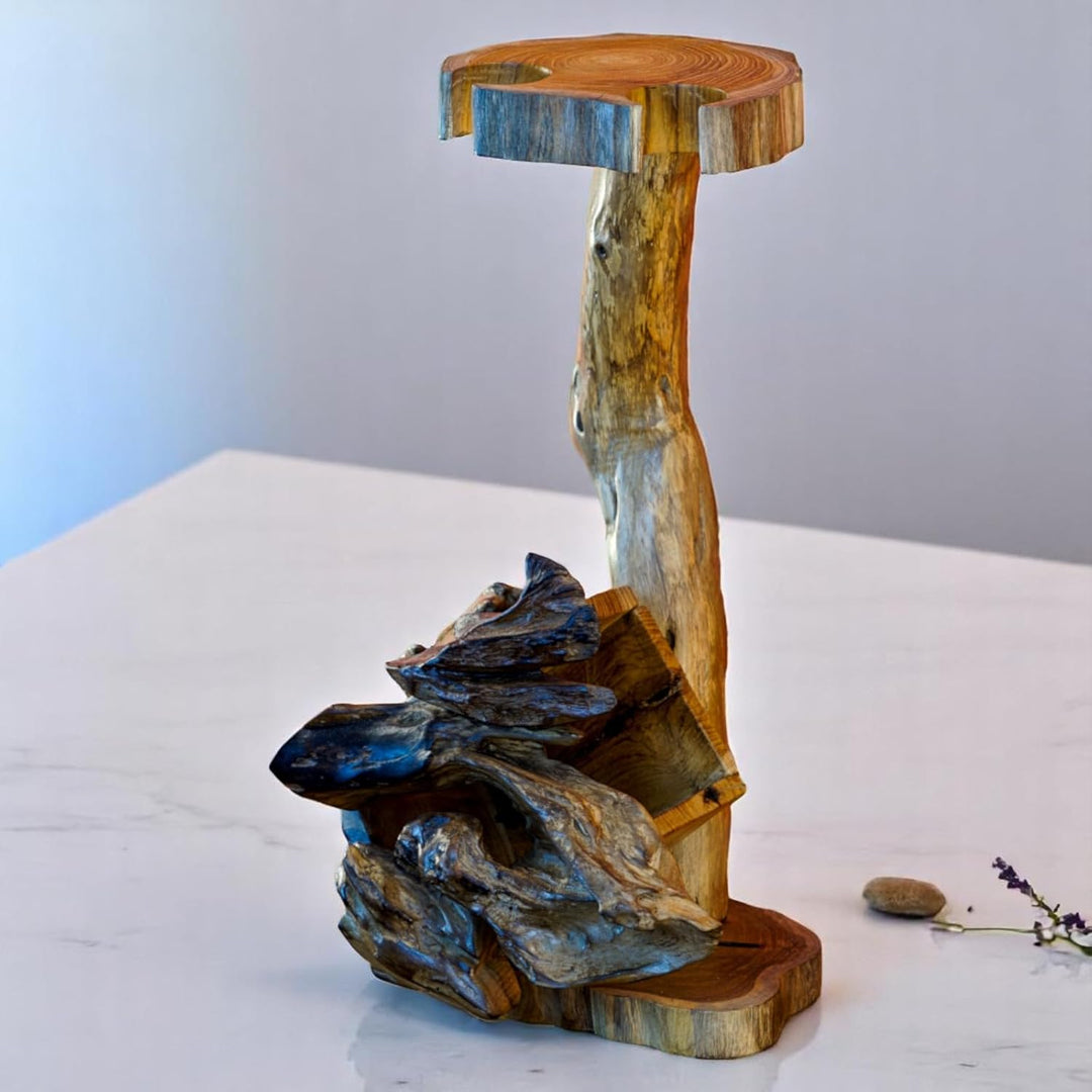 Teak Flaschenständer L - Wurzelholz Flaschenhalter - 41cm Edel und Dekorativ für 1 Flasche und 2 Glä