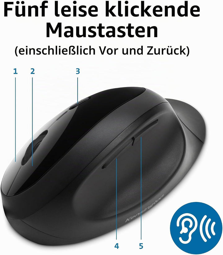 Kensington Kabellose ergonomische Maus, Wireless Pro Fit Ergo Computermaus für Laptop, Desktop, PC u