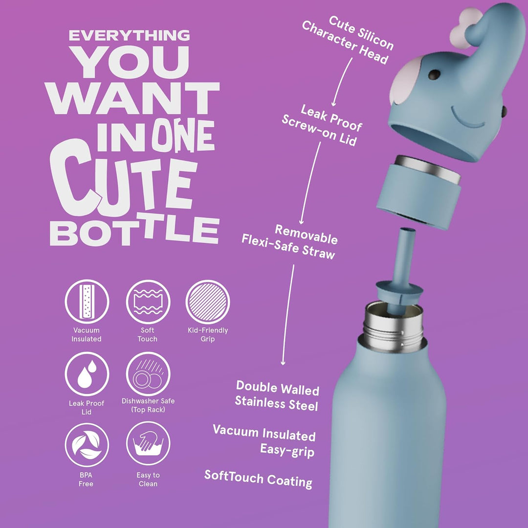 ASOBU Bestie Kindertrinkflasche mit Strohhalm – Isolierte Edelstahlflasche 420ml mit Elefantenkopf –