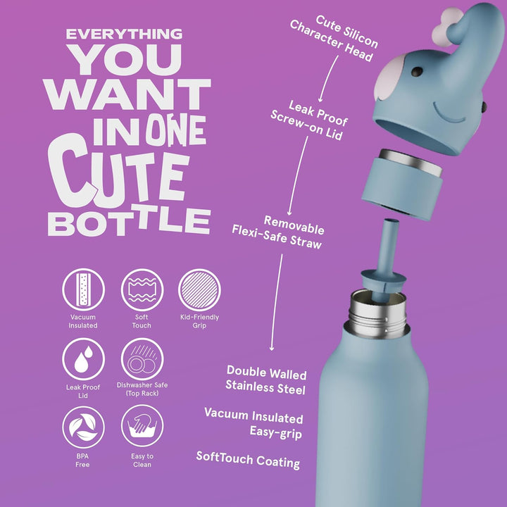 ASOBU Bestie Kindertrinkflasche mit Strohhalm – Isolierte Edelstahlflasche 420ml mit Elefantenkopf –