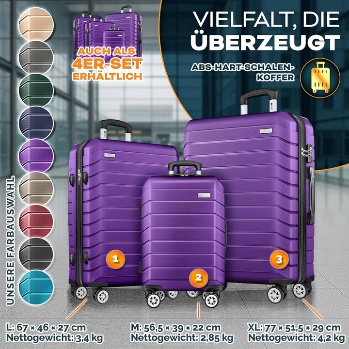 tillvex® Reisekoffer Set 3-TLG. + Gepäckwaage, 3X Koffergurte & 3X Kofferanhänger | Kofferset 4 Roll