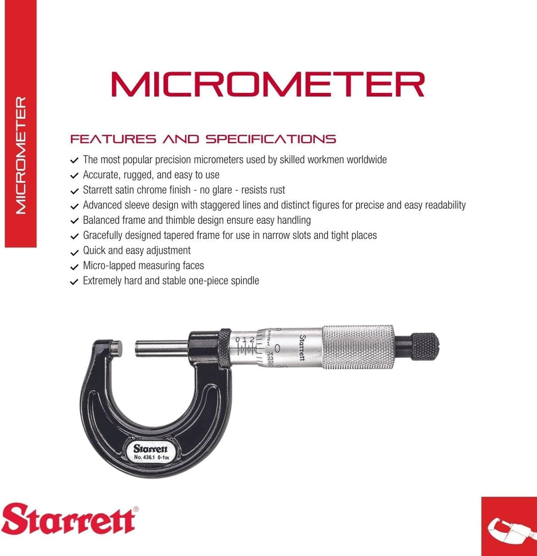 Starrett 436.1XRL-1 Aussenmikrometer, Ratschenanschlag, Kontermutter, Hartmetallflächen, Bereich 0-1