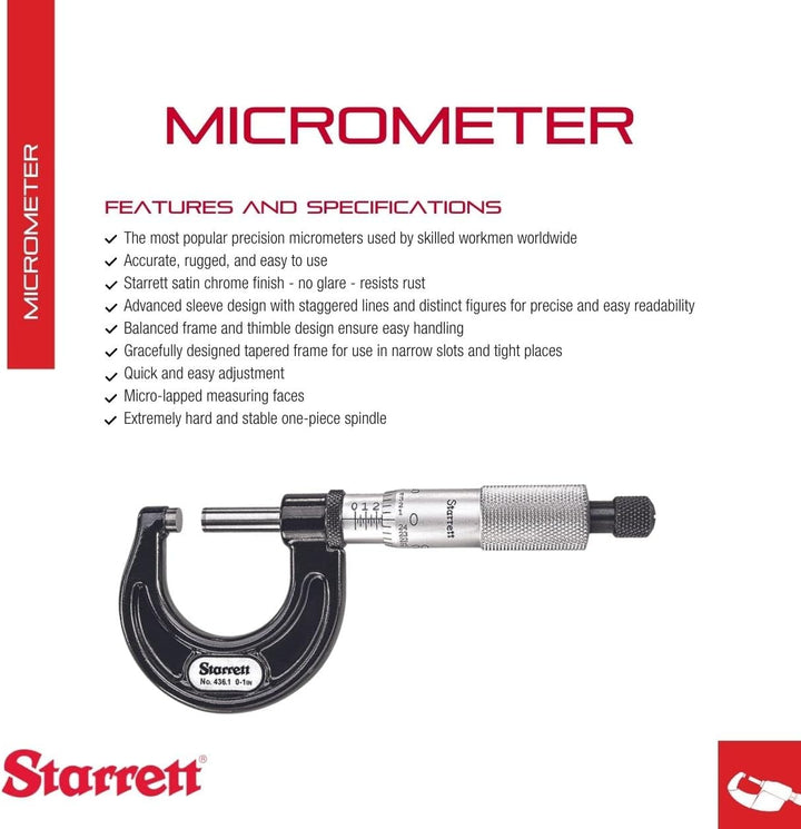 Starrett 436.1XRL-1 Aussenmikrometer, Ratschenanschlag, Kontermutter, Hartmetallflächen, Bereich 0-1