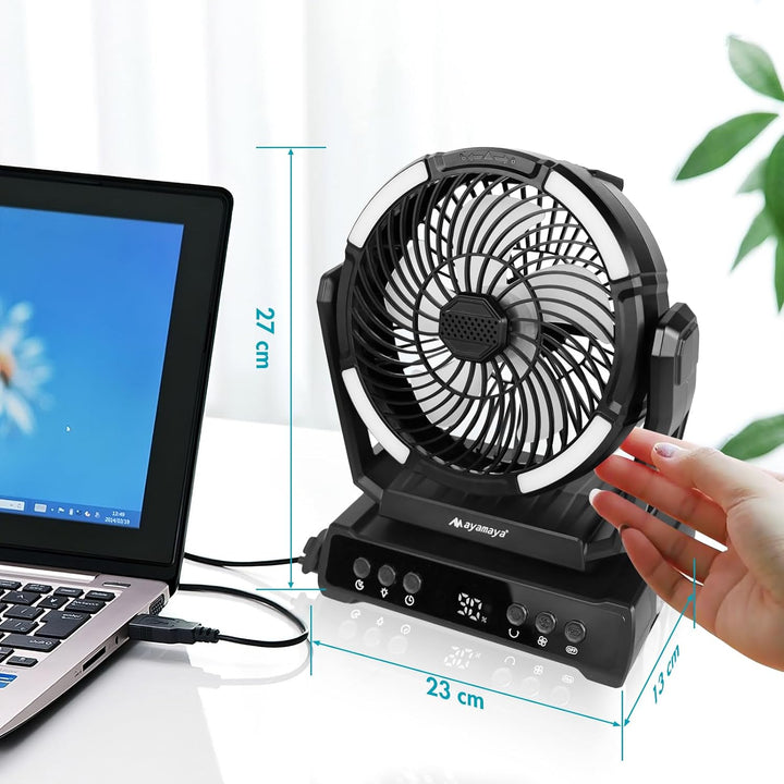 Ventilator Leise, Tischventilator Klein Tragbar, 2 in 1 Akku Camping Ventilator mit Led Laterne 270°