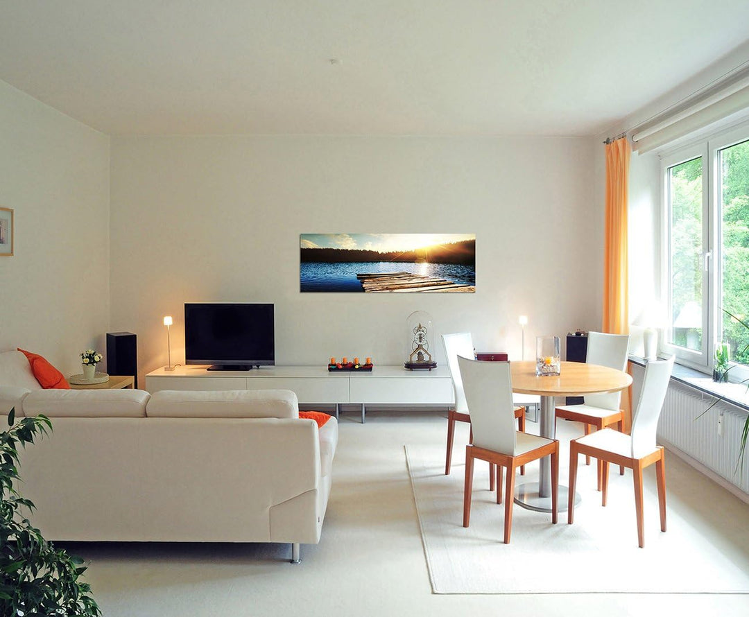 Augenblicke Wandbilder Leinwandbild als Panorama in 150x50cm See Holzsteg Wald Sonnenuntergang