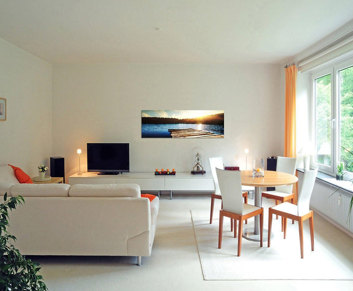 Augenblicke Wandbilder Leinwandbild als Panorama in 150x50cm See Holzsteg Wald Sonnenuntergang