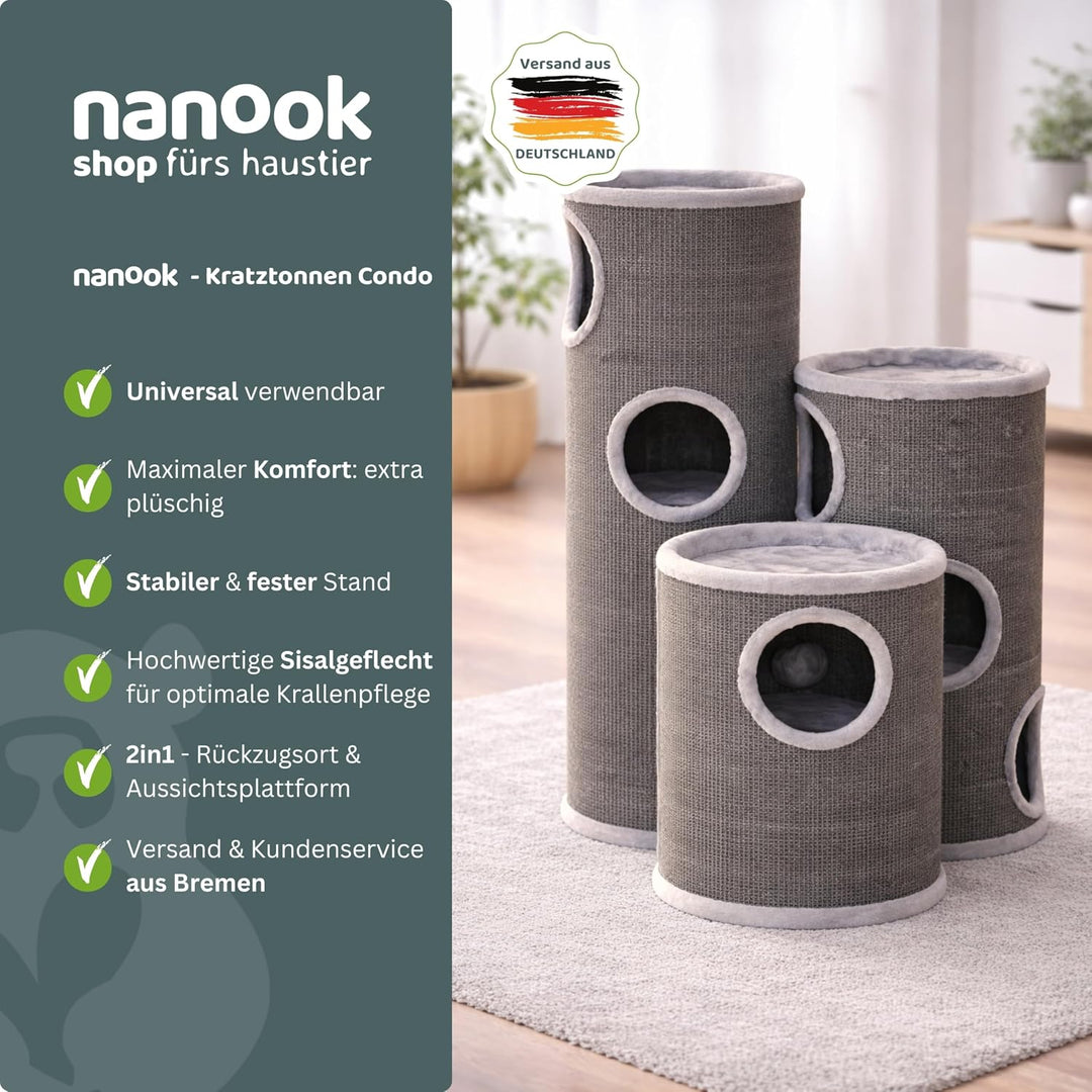 nanook Kratztonne Kratzbaum Condo mit Spielball, Sisal Plüsch, grau 100 cm Grösse XL: 100 cm Grau, G