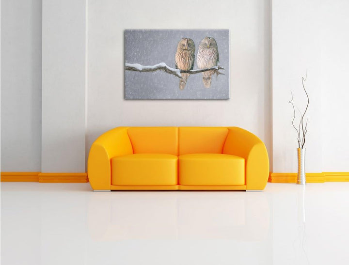 Pixxprint Zwei Eulen in Winterlandschaft Kunst Buntstift Effekt, Format: 100x70 auf Leinwand, 100x70