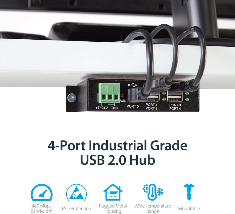 StarTech.com 4 Port USB 2.0 Hub - Industrieller USB-A Hub aus Metall - Hutschienen/Wand/Tischmontage