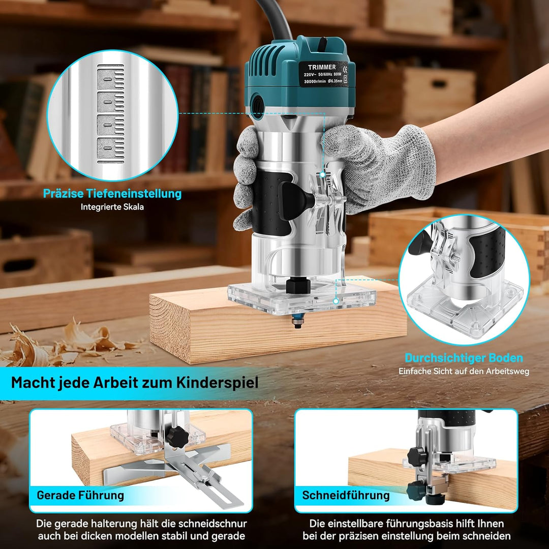Oberfräse Kantenfräse Einhandfräse, 800W 30000 U/min Elektrischer Holzfräser Trimmer, Multifunktions