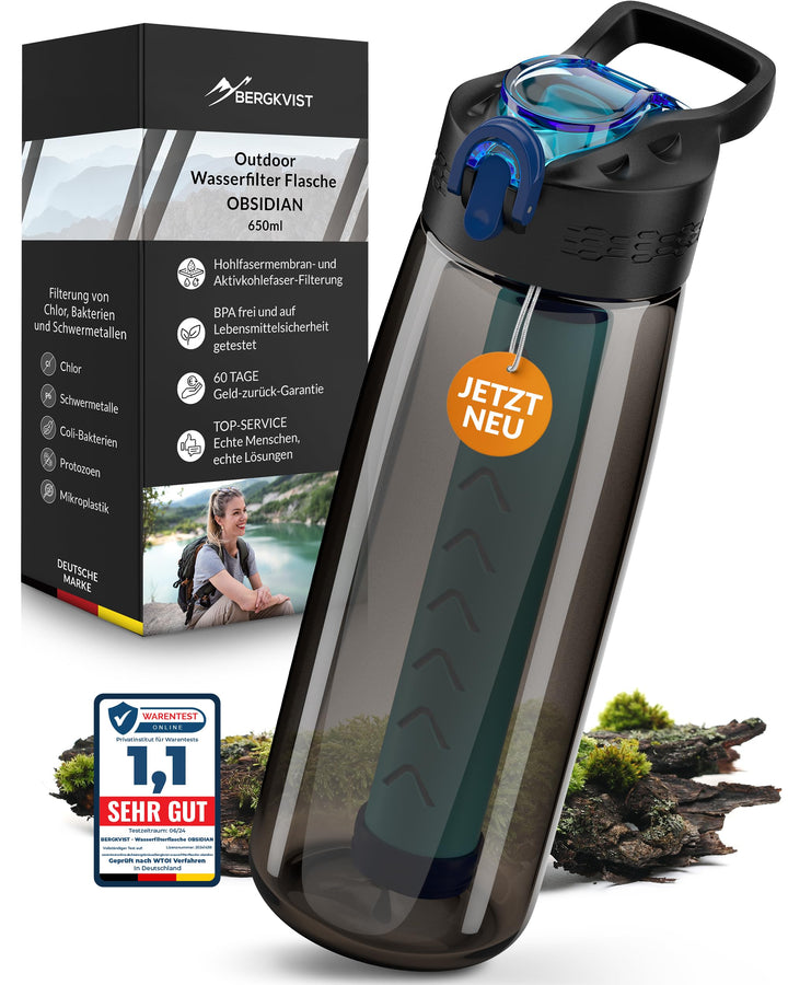 BERGKVIST® Outdoor Wasserfilter Flasche OBSIDIAN (650ml) mit Kompass - Trinkflasche mit Filter für s