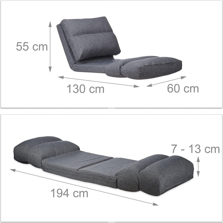 Relaxdays, grau Relaxliege Sessel, Faltmatratze, verstellbare Lehne, Polster, für Drinnen, Bodensitz