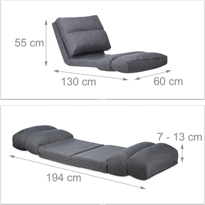 Relaxdays, grau Relaxliege Sessel, Faltmatratze, verstellbare Lehne, Polster, für Drinnen, Bodensitz