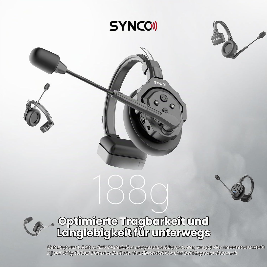 SYNCO XTalk X2 kabelloses Headset Intercom System,2.4 GHz Vollduplex 350 M/1148 FT Echtzeit-Monitori