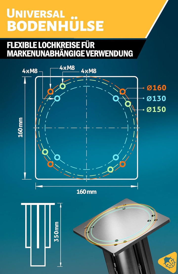 4smile Bodenhülse Sonnenschirm - verzinktem Stahl Bodenanker Ampelschirm mit Bodenplatte zum Einbeto