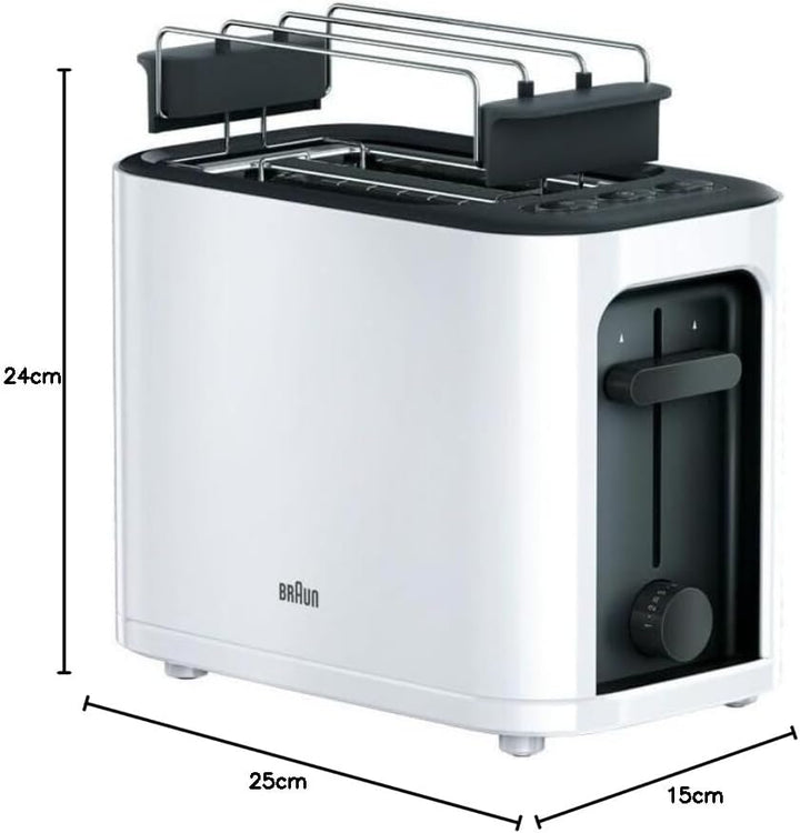 Braun HT 3010 WH Toaster | Doppelschlitz | Herausnehmbare Krümelschublade | Aufwärm- und Auftaufunkt