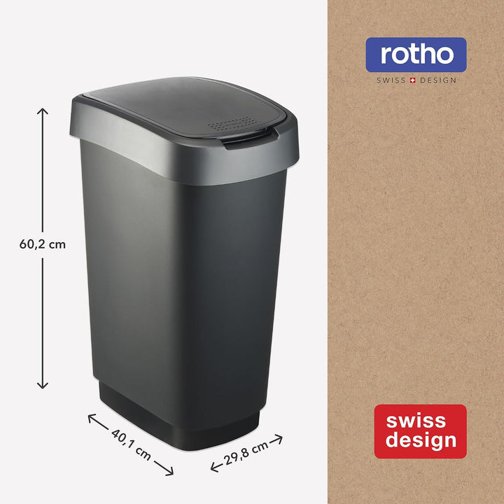 Rotho Twist 2er-Set Mülleimer mit Deckel (Anthrazit/Silber, 2x50l) Anthrazit/Silber 2x50l, Anthrazit