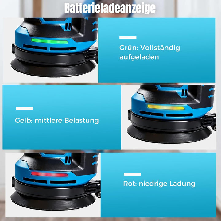 Bostar Akku Exzenterschleifer 18V Set Bürstenlos, Ø 125mm Schleifmaschine mit 2x 3.0Ah Akkus (BMS),