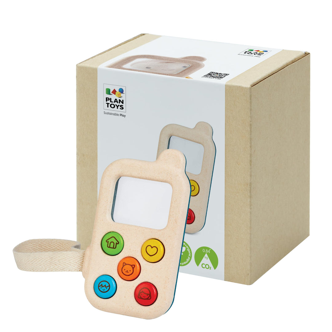 PlanToys Mein erstes Handy - Kinder Handy aus Holz - Kindertelefon mit Lupenbildschirm - mit Handsch