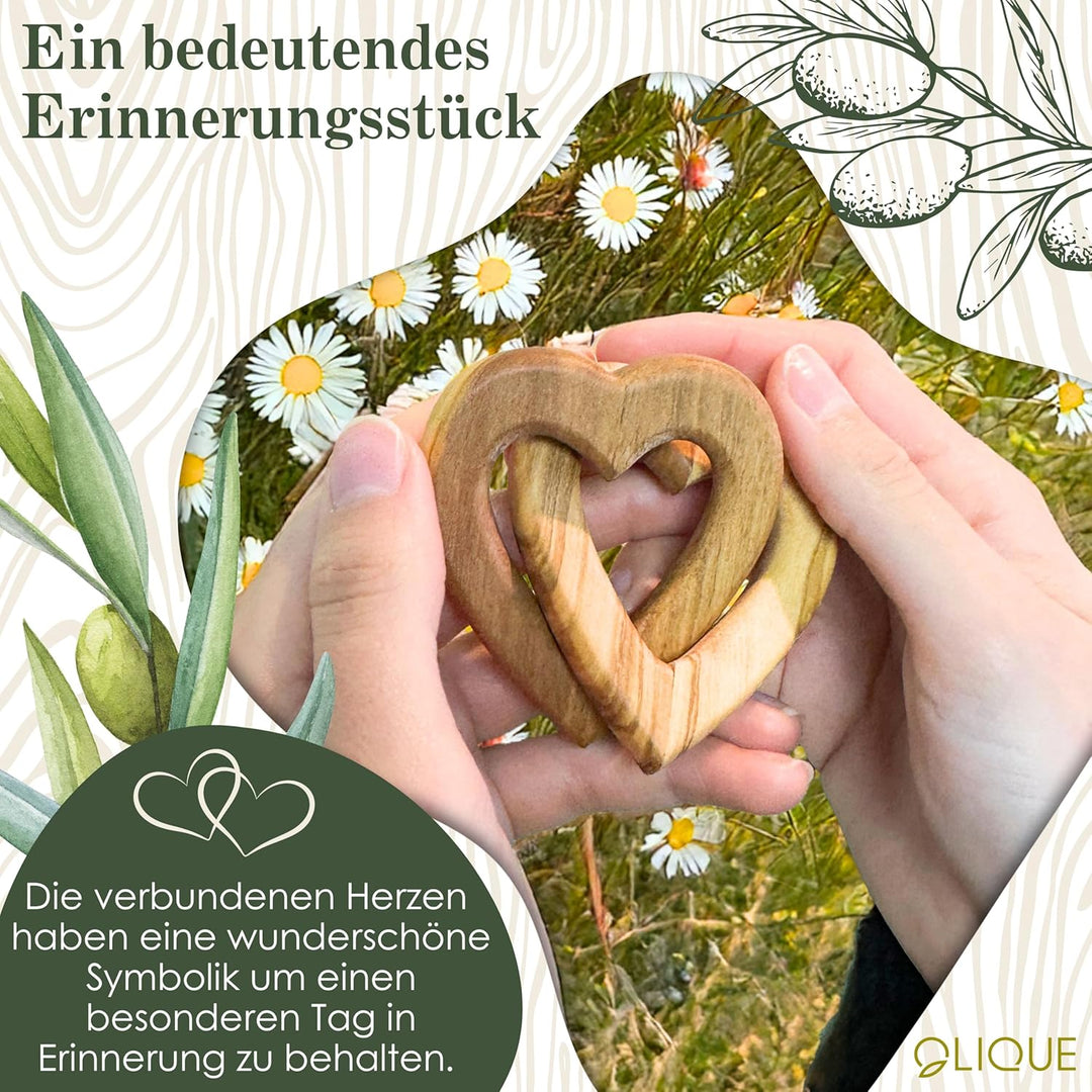 OLIQUE Holzherzen, Olivenholz - Verbundene Holz Herzen als individuelles Geschenk zur Hochzeit, Hoch