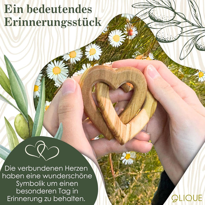 OLIQUE Holzherzen, Olivenholz - Verbundene Holz Herzen als individuelles Geschenk zur Hochzeit, Hoch