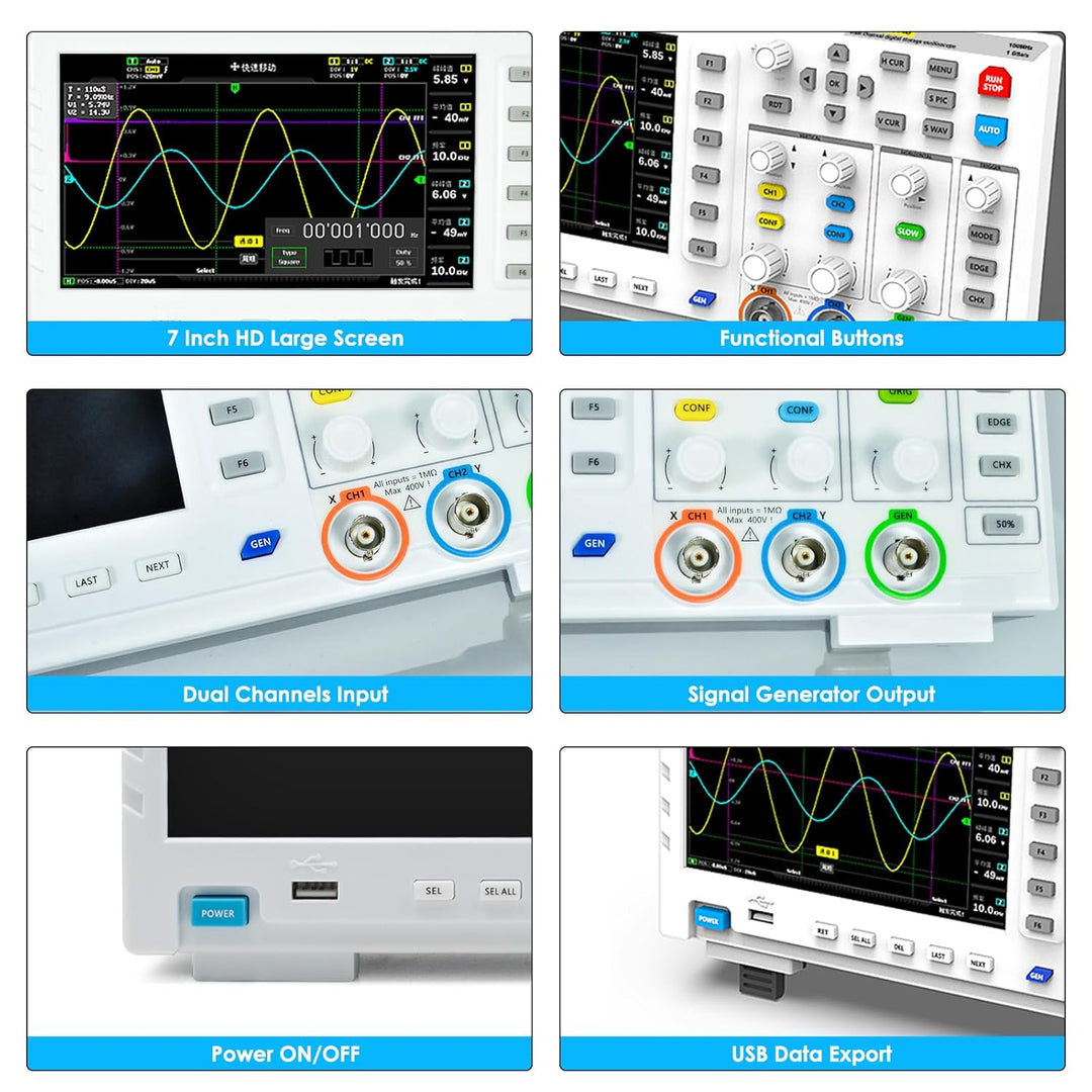1014D Digitales Oszilloskop 2 Kanäle, 7" Oscilloscope 100Mhz Bandbreite mit DDS Signalgenerator, 1GS