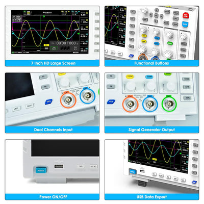 1014D Digitales Oszilloskop 2 Kanäle, 7" Oscilloscope 100Mhz Bandbreite mit DDS Signalgenerator, 1GS