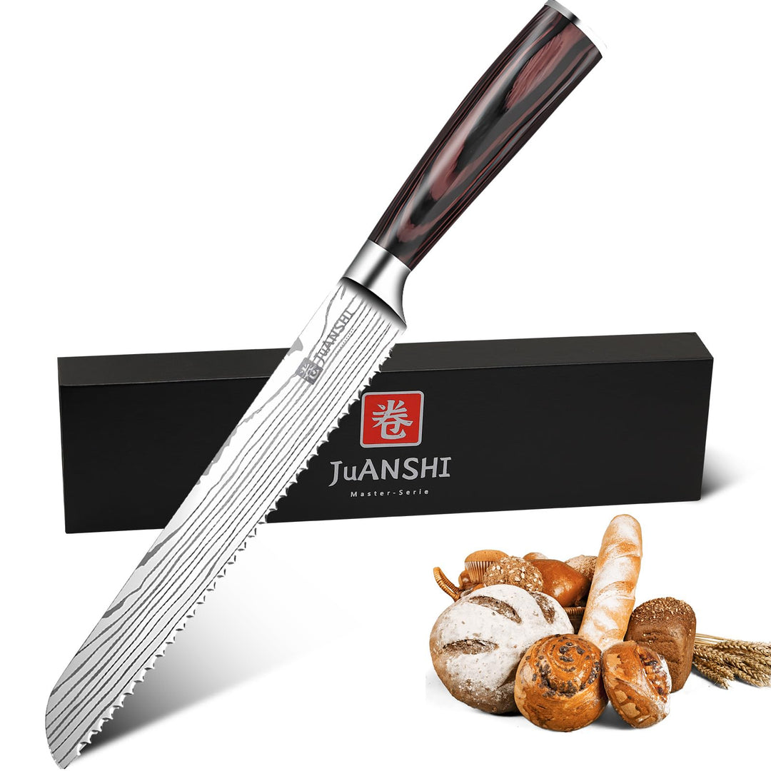 JUANSHI® Brotmesser mit Wellenschliff 20 cm, Asiatisches Küchenmesser aus Carbon-Edelstahl, Extrem S