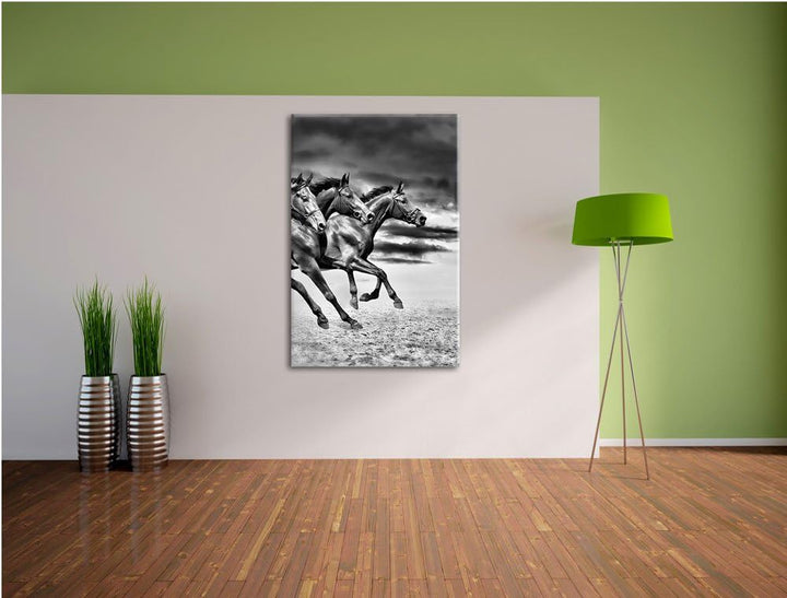 Pixxprint Monocrome, DREI Wilde Westernpferde, Format: 100x70 auf Leinwand, riesige Bilder fertig ge