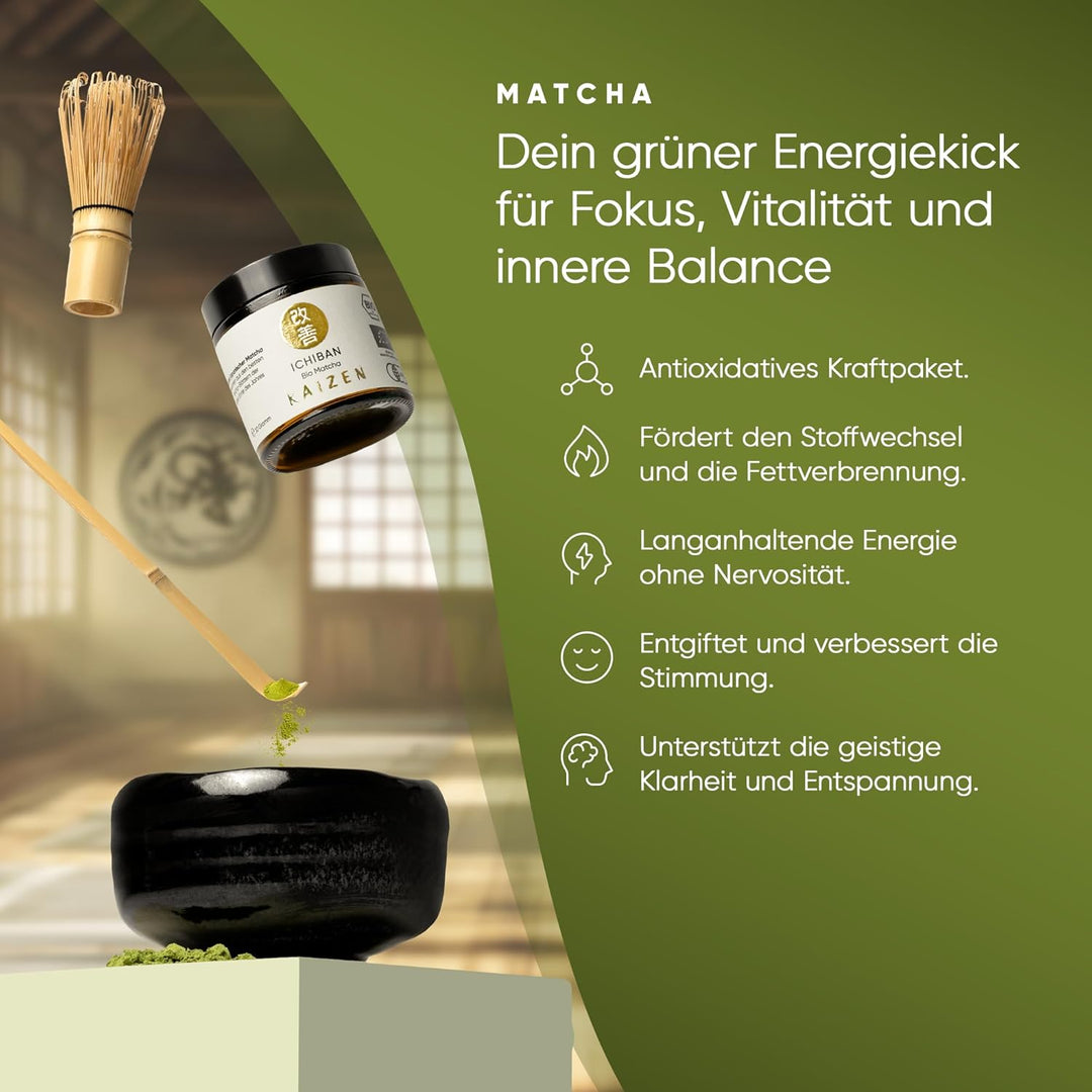 Kaizen® Ichiban Matcha Set - Contest Ceremonial Bio Matcha, handgefertigte Chawan-Teeschale, Besen &