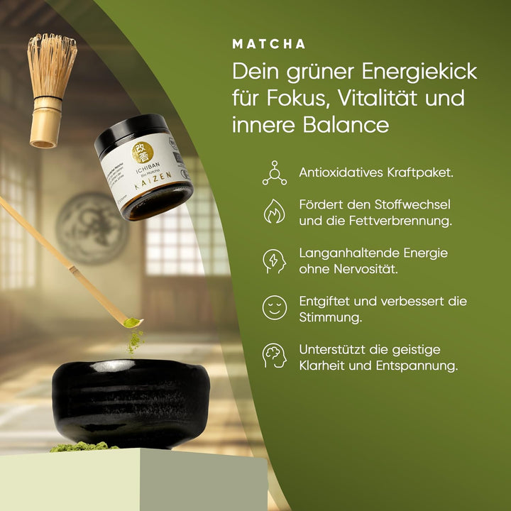 Kaizen® Ichiban Matcha Set - Contest Ceremonial Bio Matcha, handgefertigte Chawan-Teeschale, Besen &