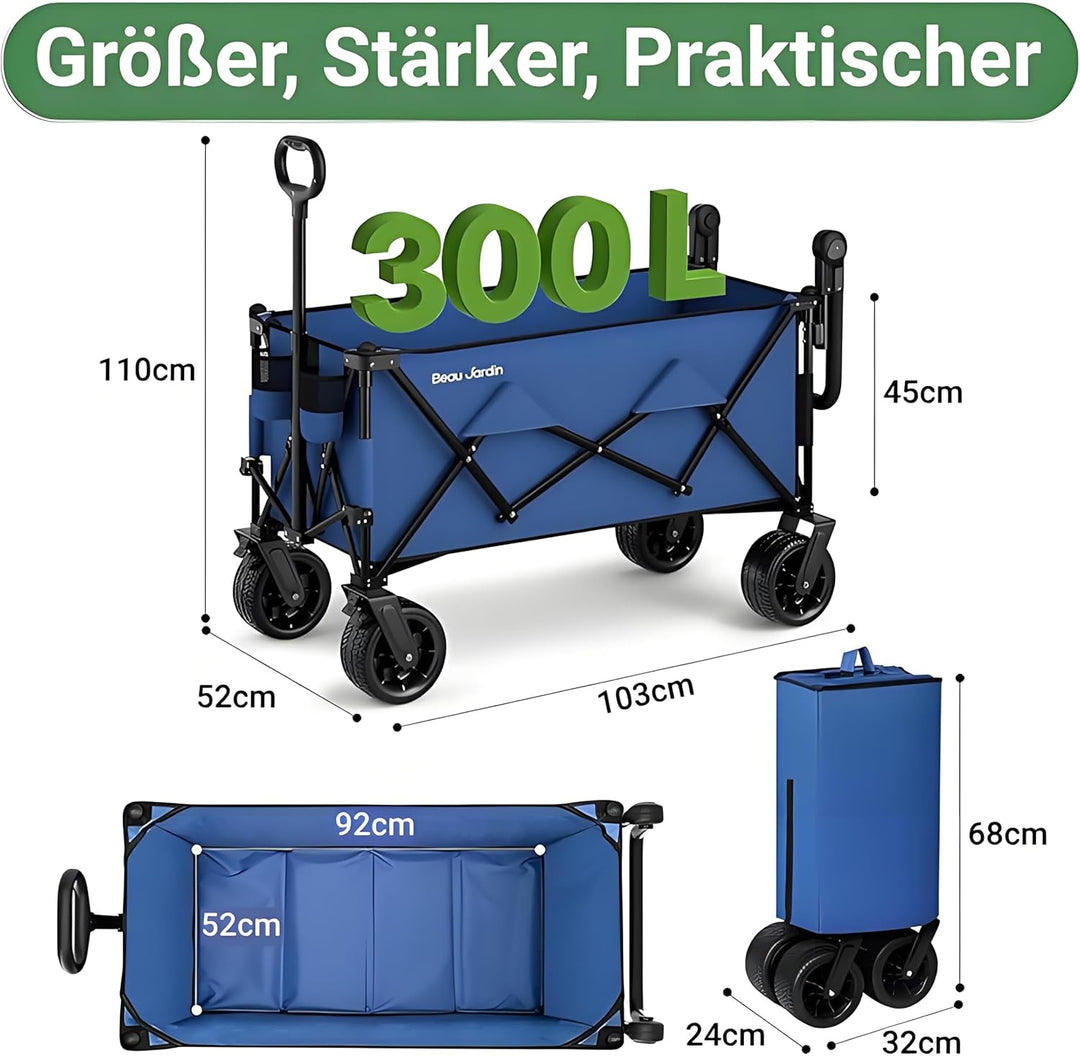 BEAU JARDIN Klappbarer Bollerwagen – 200L 230KG Tragfähigkeit, All-Terrain-Räder 16cm | Faltbarer Tr
