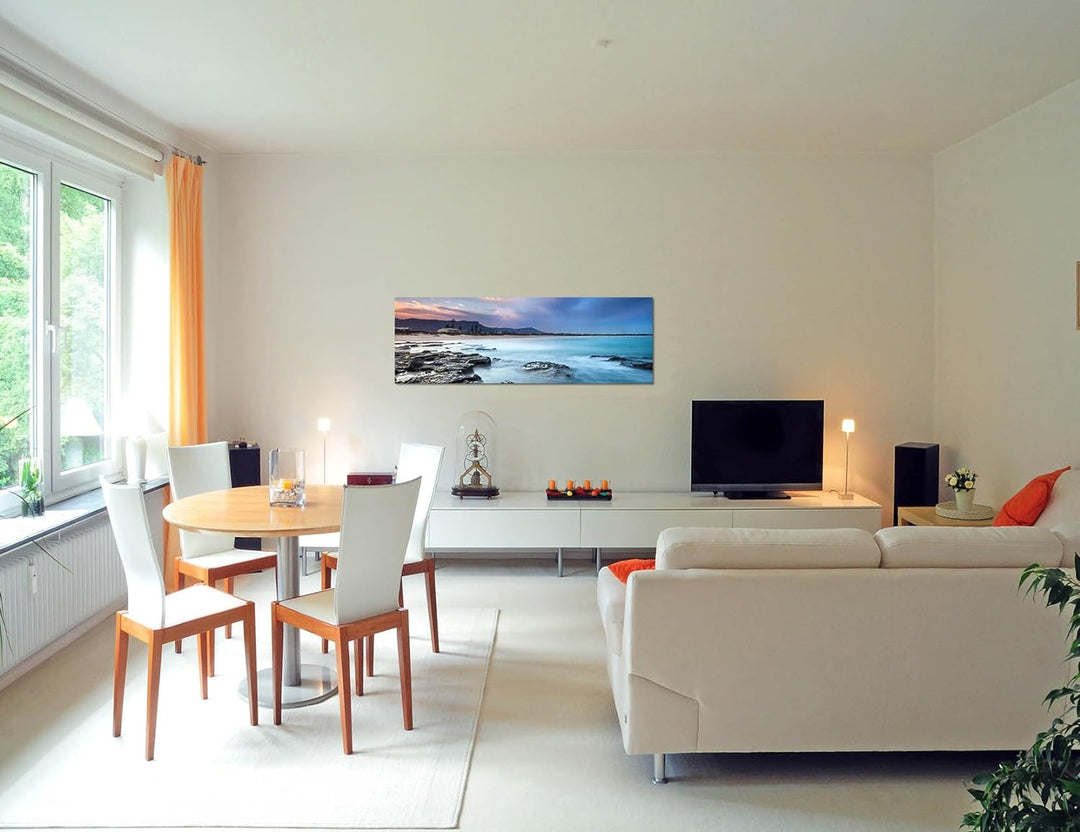 Paul Sinus Art Panoramabild auf Leinwand und Keilrahmen 120x40cm Strand Felsen Morgendämmerung Nebel