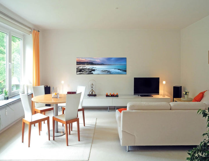 Paul Sinus Art Panoramabild auf Leinwand und Keilrahmen 120x40cm Strand Felsen Morgendämmerung Nebel