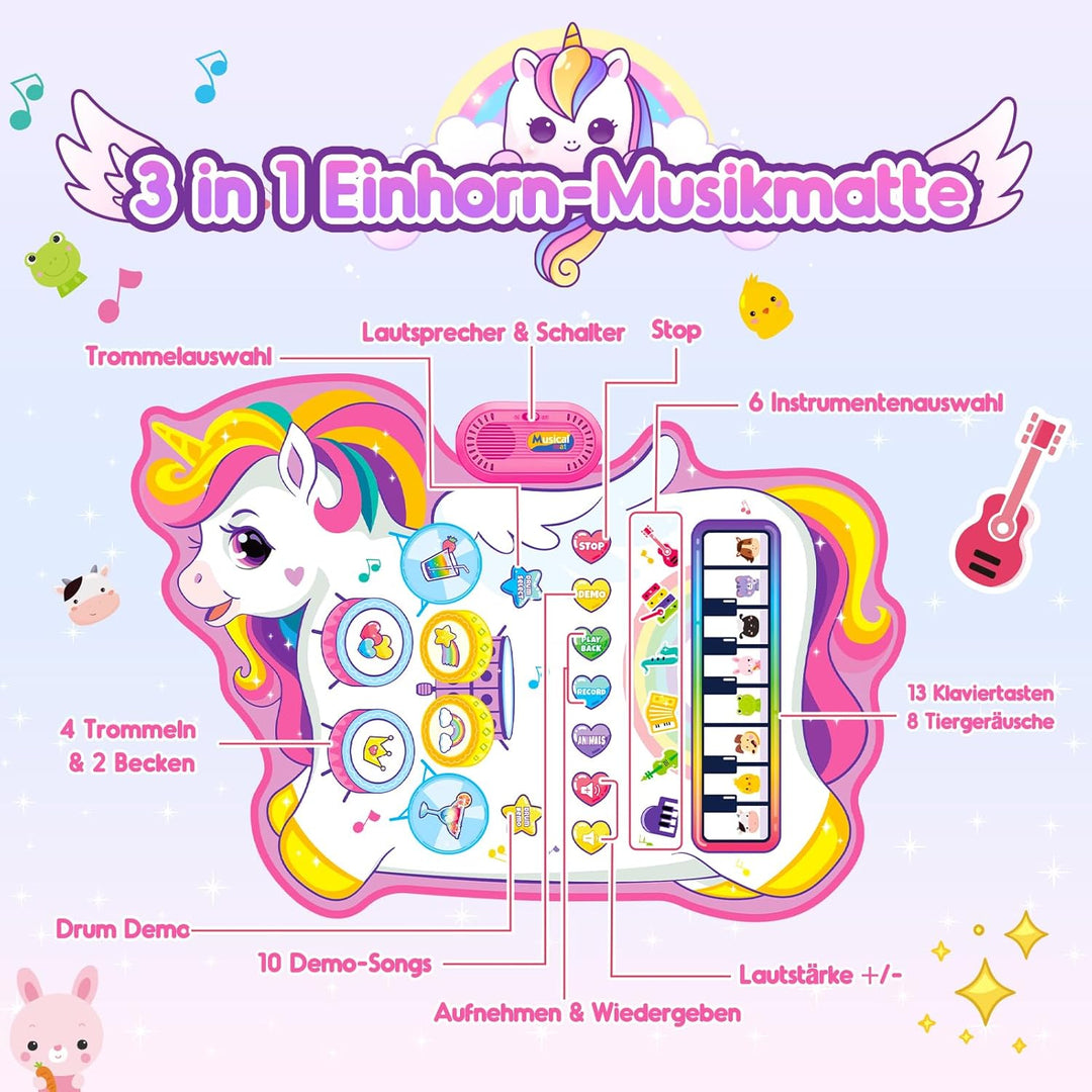 Baby Spielzeug Ab 1 2 Jahre Mädchen, Einhorn 3-in-1 Musikmatte Mit 8 Tiergeräuschen, 10 Demoliedern