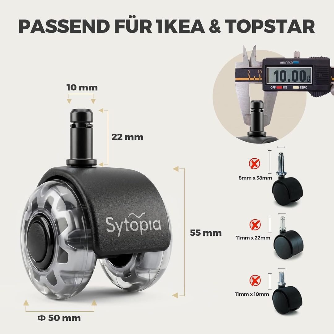 Sytopia Bürostuhl Rollen mit 10mm X 22mm Stift, 5er Set Rollen für 1KEA Bürostühle, Hartbodenrollen