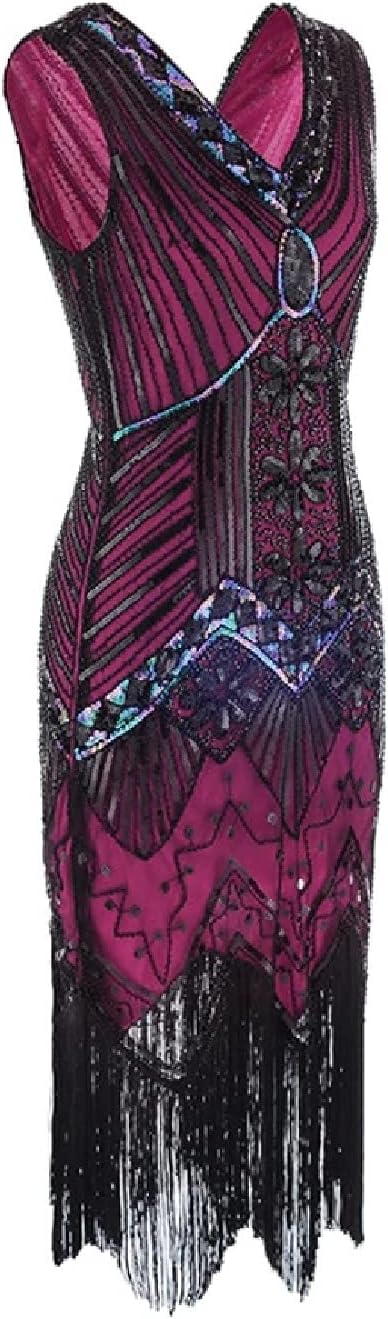 MIMIKRY 20er Jahre Charleston Pailletten Kleid Schwarz/Gold/Multicolor mit Fransen Flapper Damen-Kos