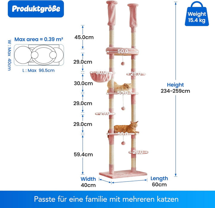 Deckenhoher Katzenbaum 234-259 cm höhenverstellbar, 2-Säulen-Design mit 12 Sisal-Pfosten, mehrstöcki