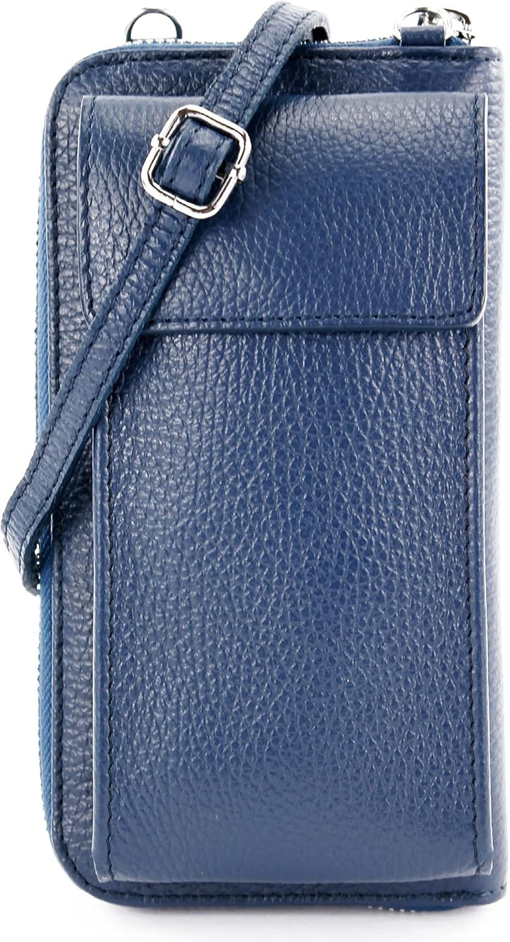 modamoda de - P06 - ital. Damen Umhängetasche Geldbörse Handytasche Leder Dunkelblau, Dunkelblau