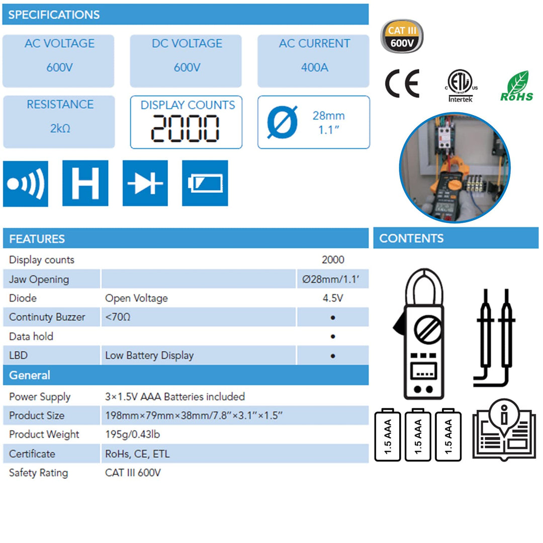 C-LOGIC 85 Digitale Stromzange Spannung AC/DC 600V Strom AC 400A Widerstand 2kΩ 2000 Zählungen Backe