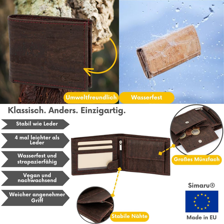 Simaru Kork Geldbörse mit RFID-Schutz, Unisex Geldbeutel für 11+Karten, Scheine & Münzen, Mini Walle